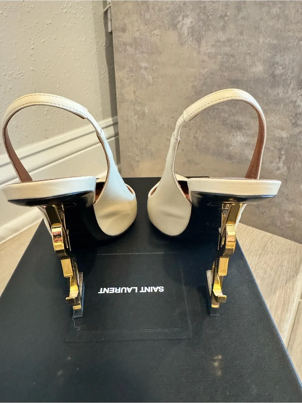 Saint Laurent YSL Opyum 100mm Ivory Slingback Pumps YSL Logo Heel - Picture 4 of 14